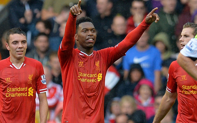 Liverpool's English forward Daniel Sturridge (C) celebrates after scoring his team's first goal during the season's opening English Premier League football match between Liverpool and Stoke City at Anfield Stadium in Liverpool, northwest England, on August 17, 2013. AFP PHOTO/ANDREW YATES == RESTRICTED TO EDITORIAL USE. NO USE WITH UNAUTHORIZED AUDIO, VIDEO, DATA, FIXTURE LISTS, CLUB/LEAGUE LOGOS OR LIVE SERVICES. ONLINE IN-MATCH USE LIMITED TO 45 IMAGES, NO VIDEO EMULATION. NO USE IN BETTING, GAMES OR SINGLE CLUB/LEAGUE/PLAYER PUBLICATIONS. ==ANDREW YATES/AFP/Getty Images