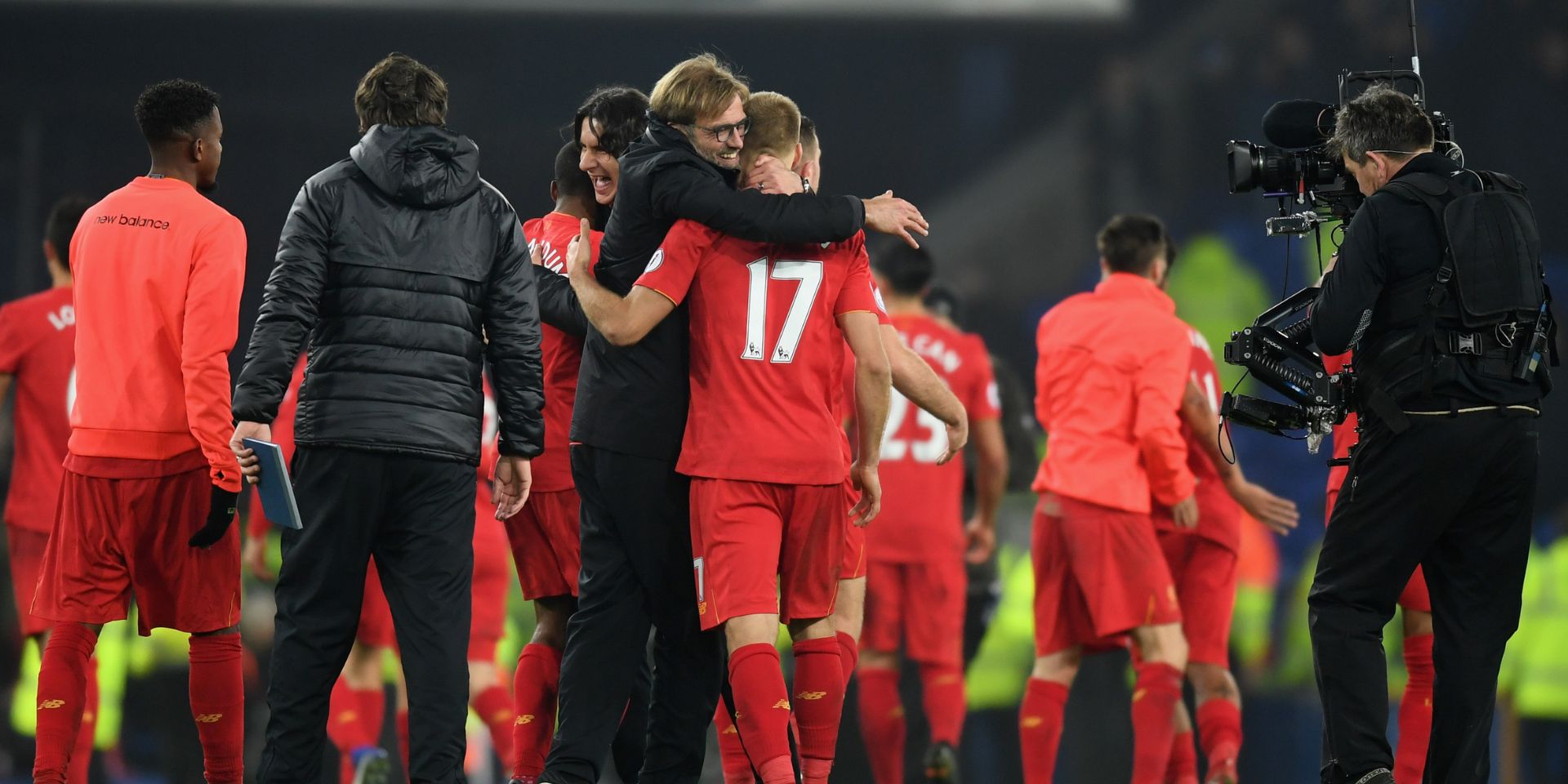 Jurgen Klopp and Ragnar Klavan celebrate Merseyside derby victory