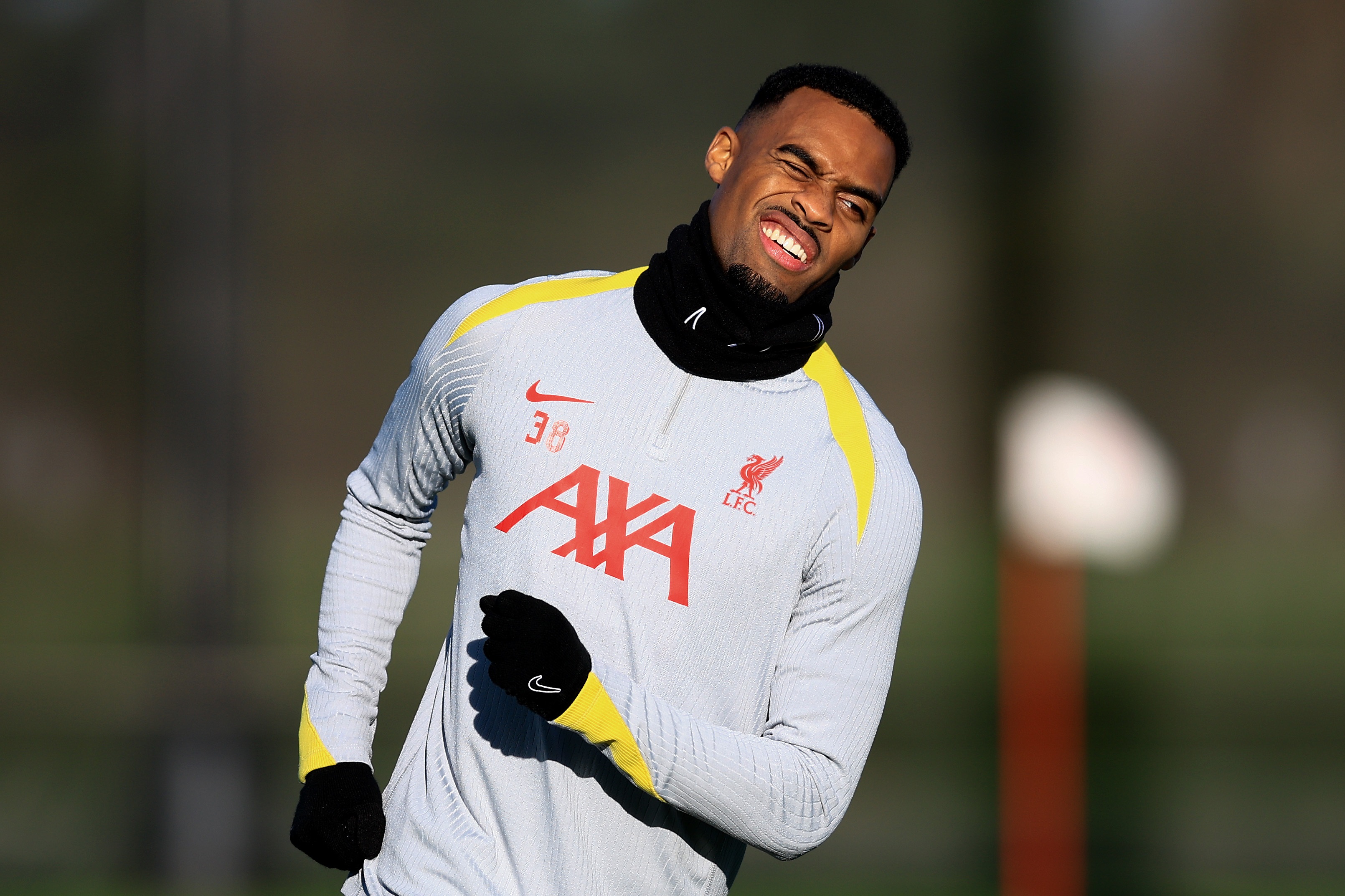 Ryan Gravenberch smiling in Liverpool team training.