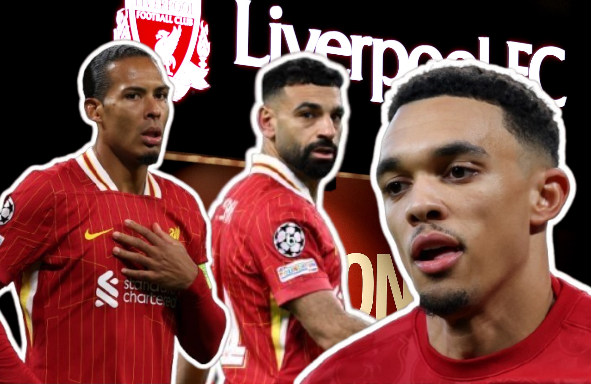 Liverpool players Virgil van Dijk, Trent Alexander-Arnold and Mo Salah outside the club shop.