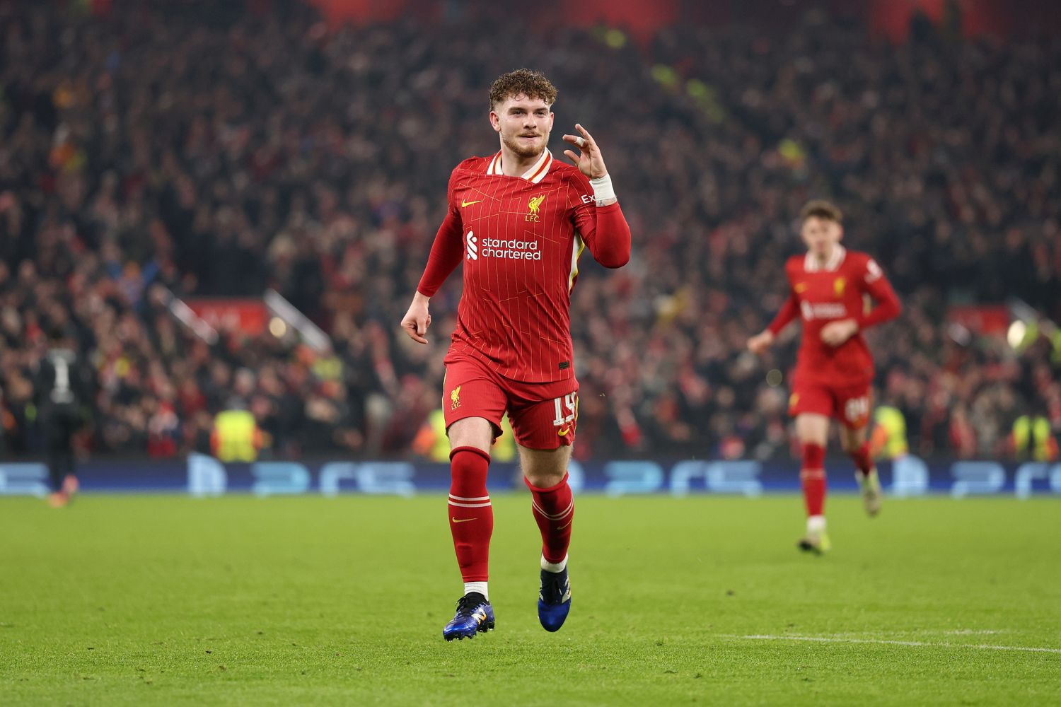 Harvey Elliott celebrates after scoring against Lille