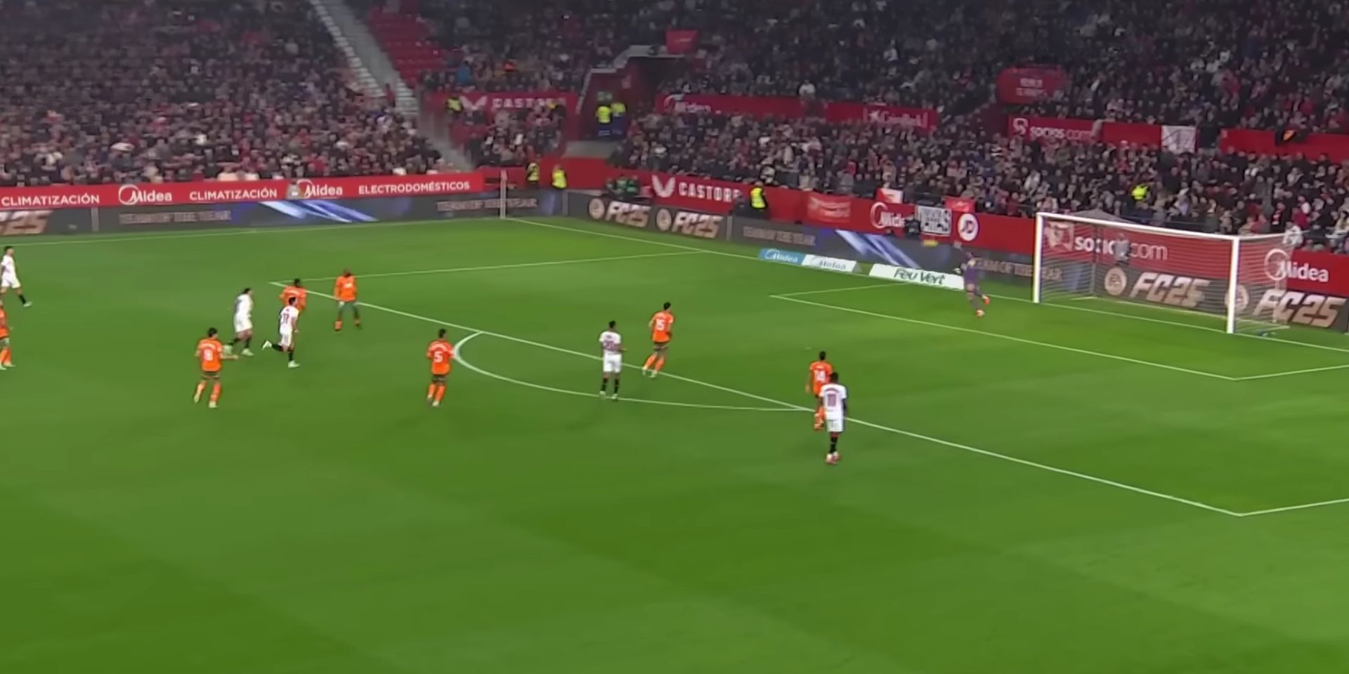 Giorgi Mamardashvili saves for Valencia against Sevilla