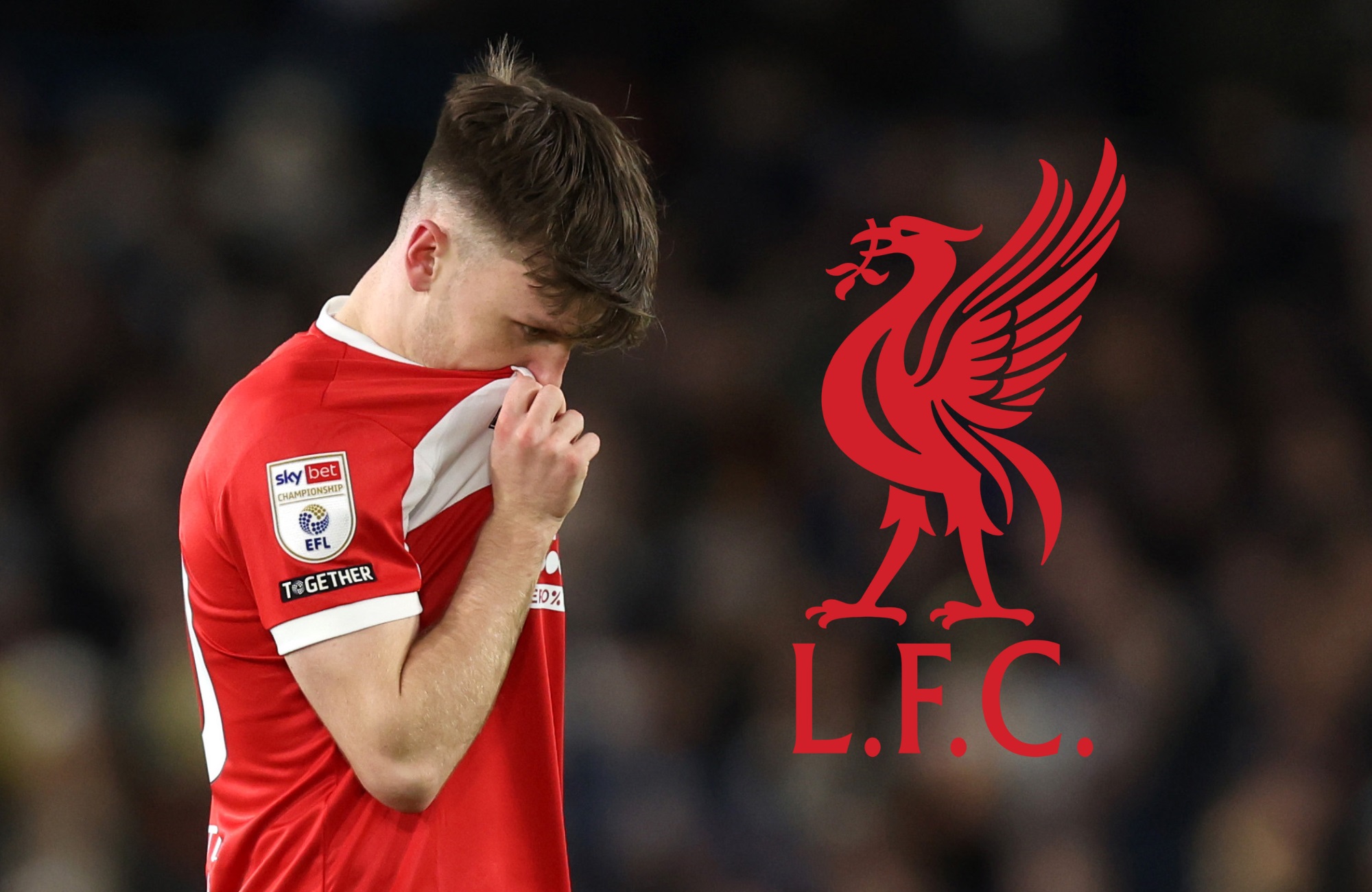 Ben Doak covers his face with his shirt next to Liverpool club crest.