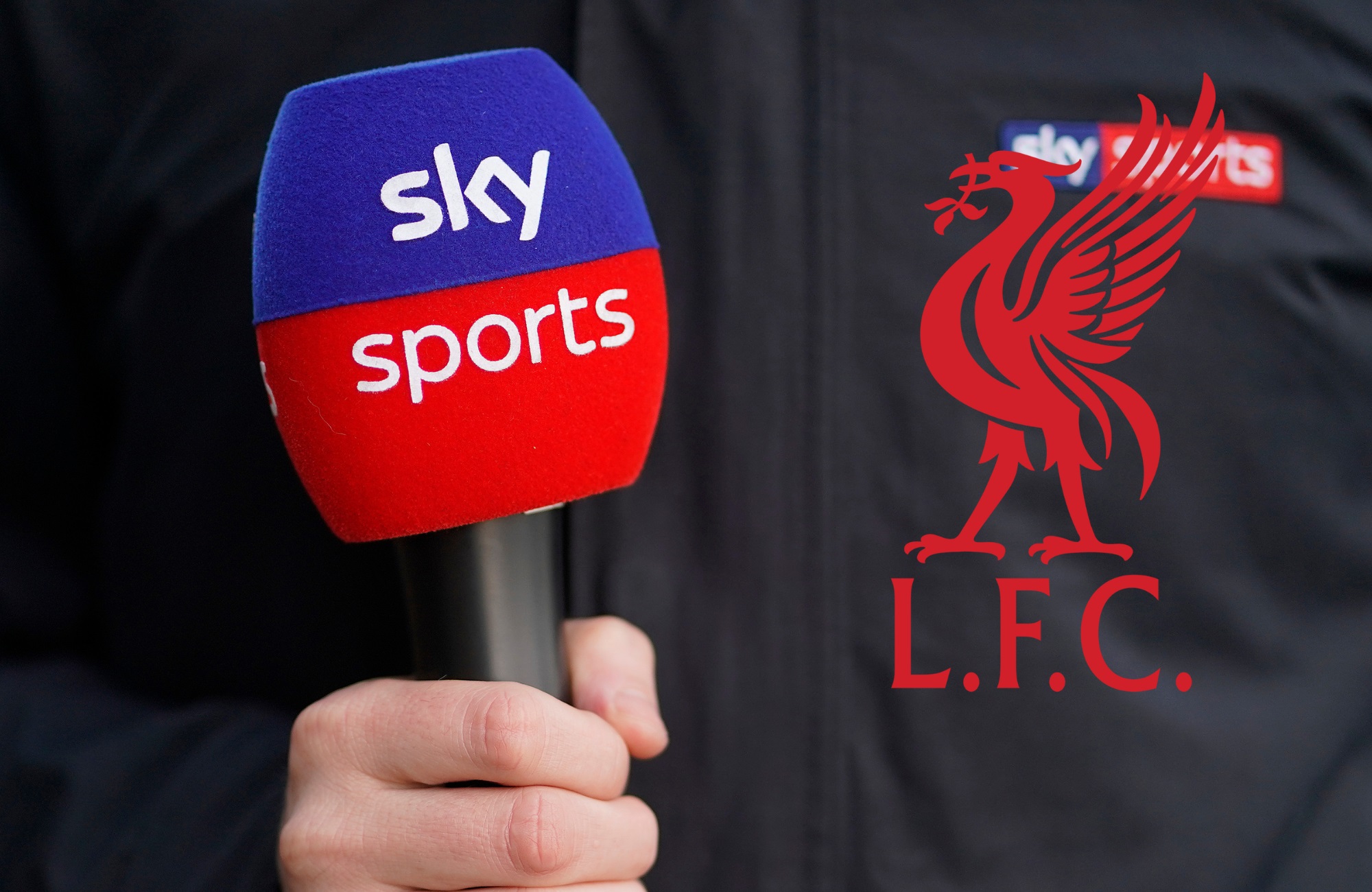 Journalist holds Sky Sports microphone next to Liverpool club crest.