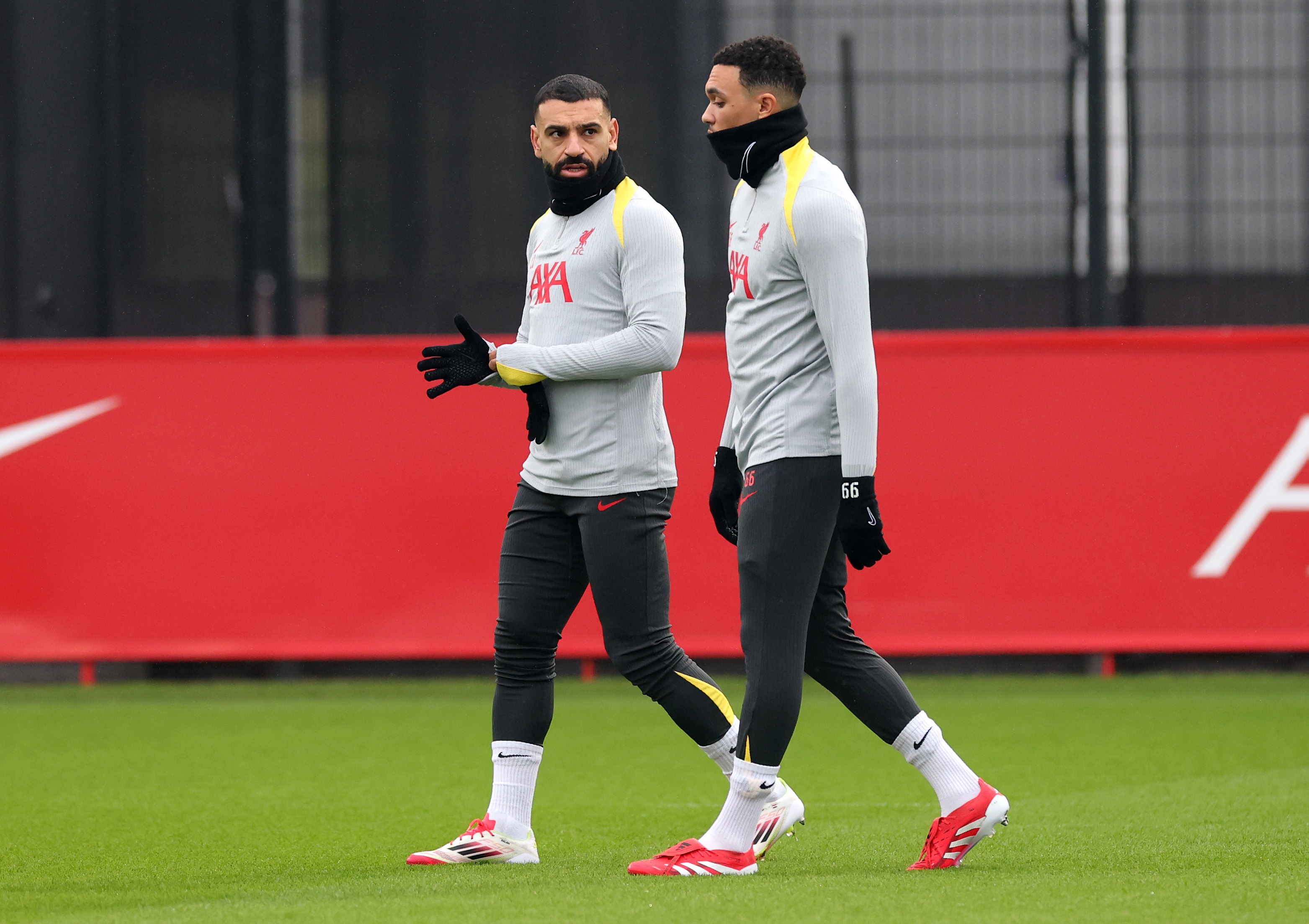 Mo Salah and Trent Alexander-Arnold talk in Liverpool training.