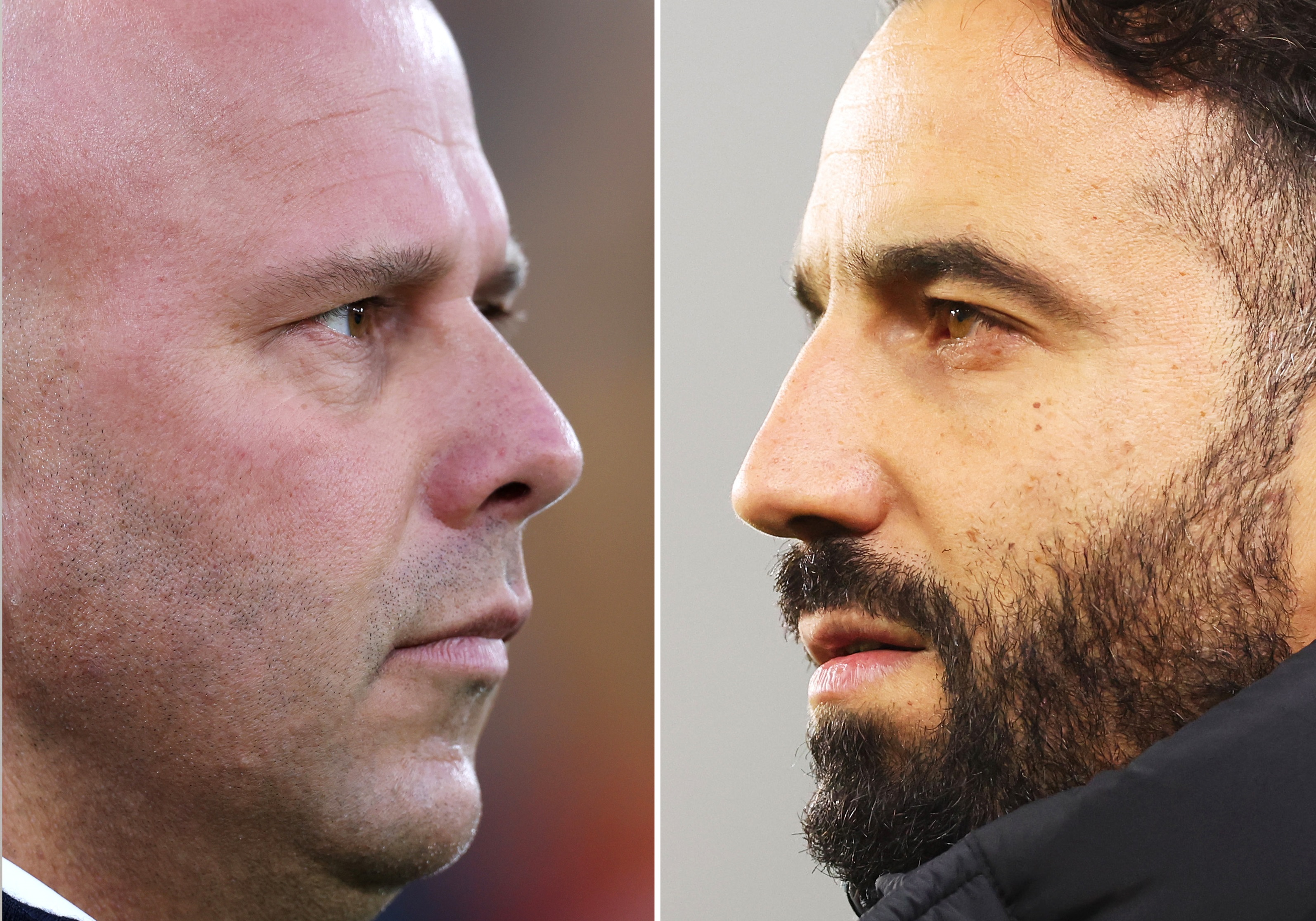 Liverpool head coach looks at Manchester United head coach Ruben Amorim.