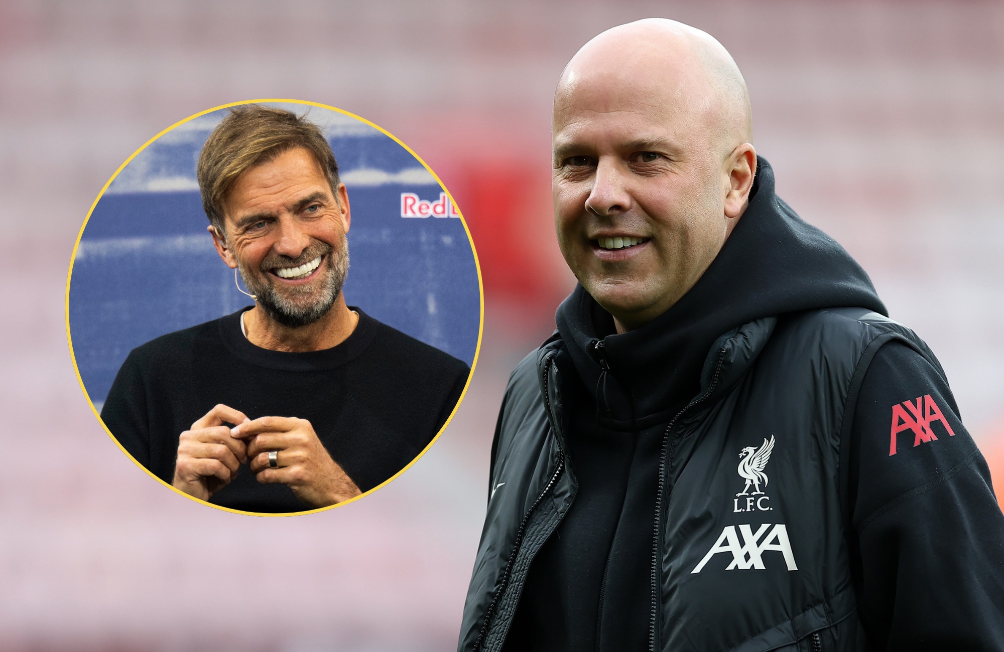 Jurgen Klopp looks at Liverpool head coach Arne Slot.