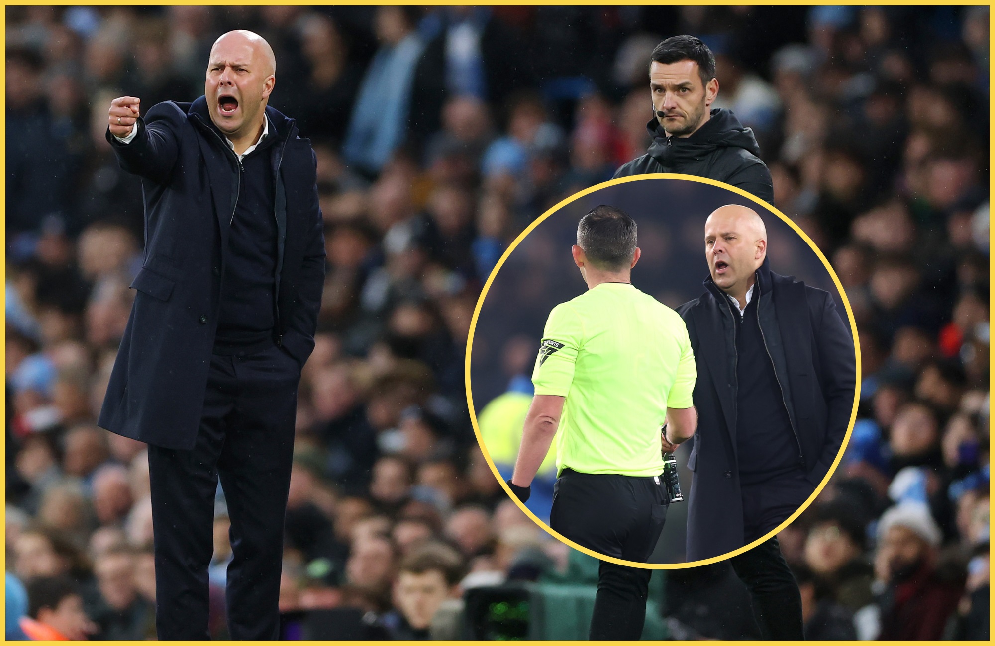 Arne Slot gestures next to fourth official during Premier League game.