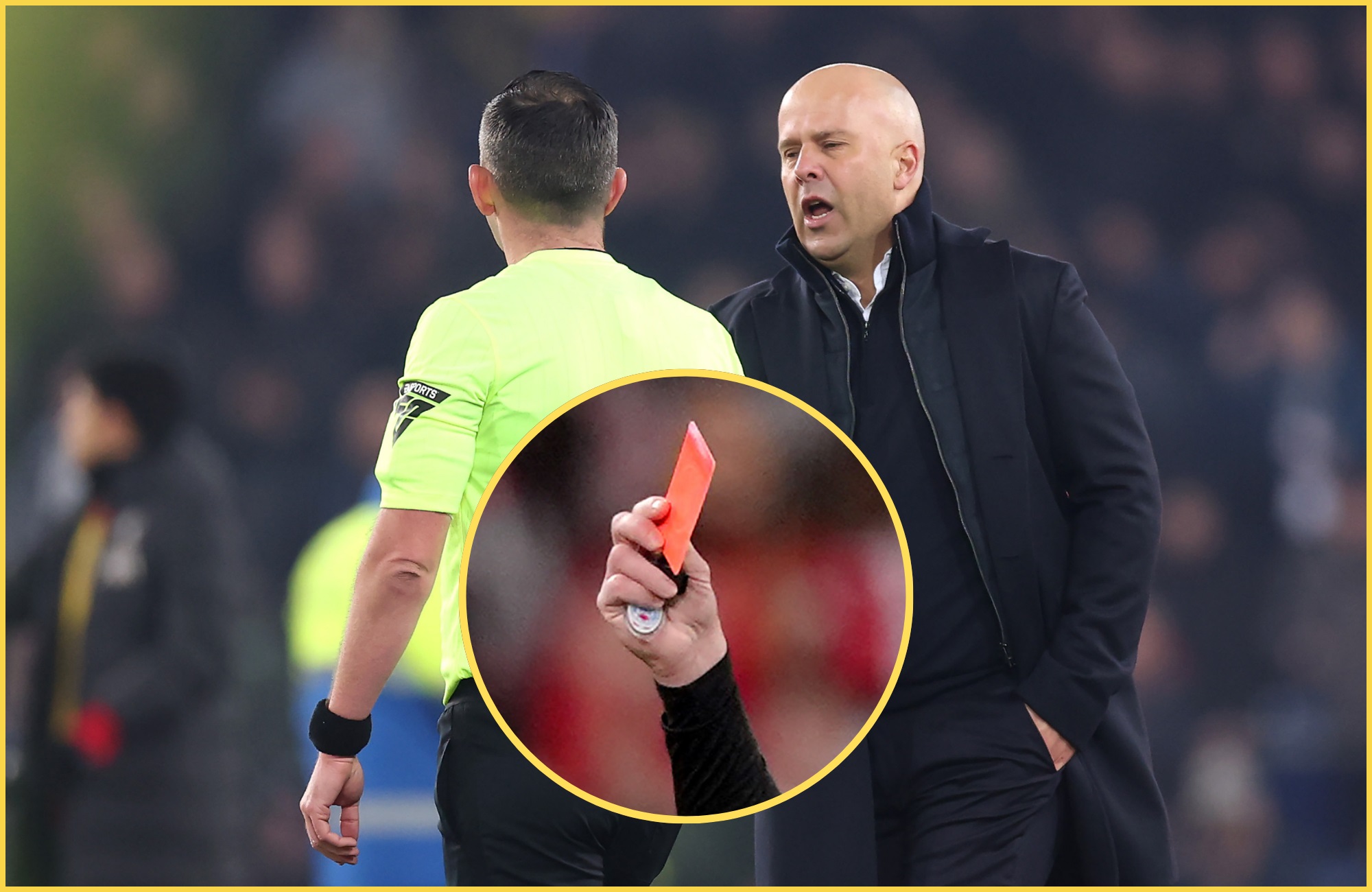 Arne Slot shakes Michael Oliver's hand at Goodison Park.