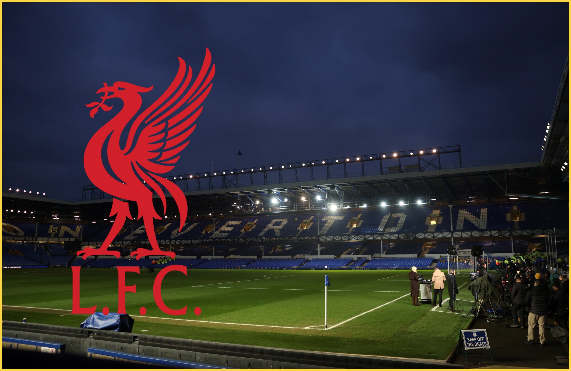 Liverpool crest sits in Goodison Park ahead of Merseyside derby.
