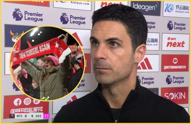 Mikel Arteta looks stony faced next to Liverpool supporter.