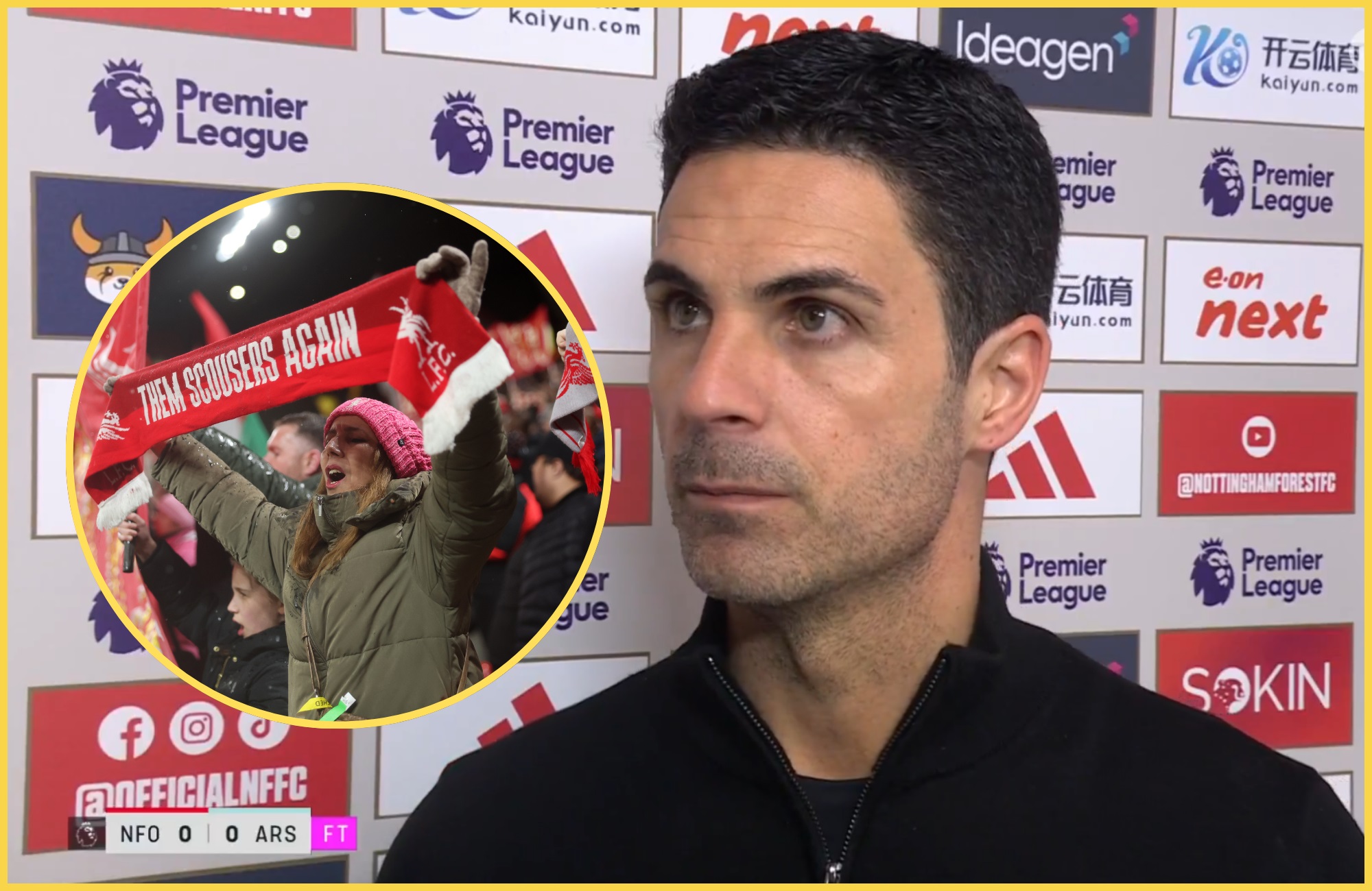 Mikel Arteta looks stony faced next to Liverpool supporter.