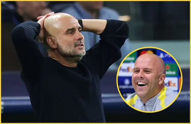 Pep Guardiola holds his head in his hands next to laughing Arne Slot.