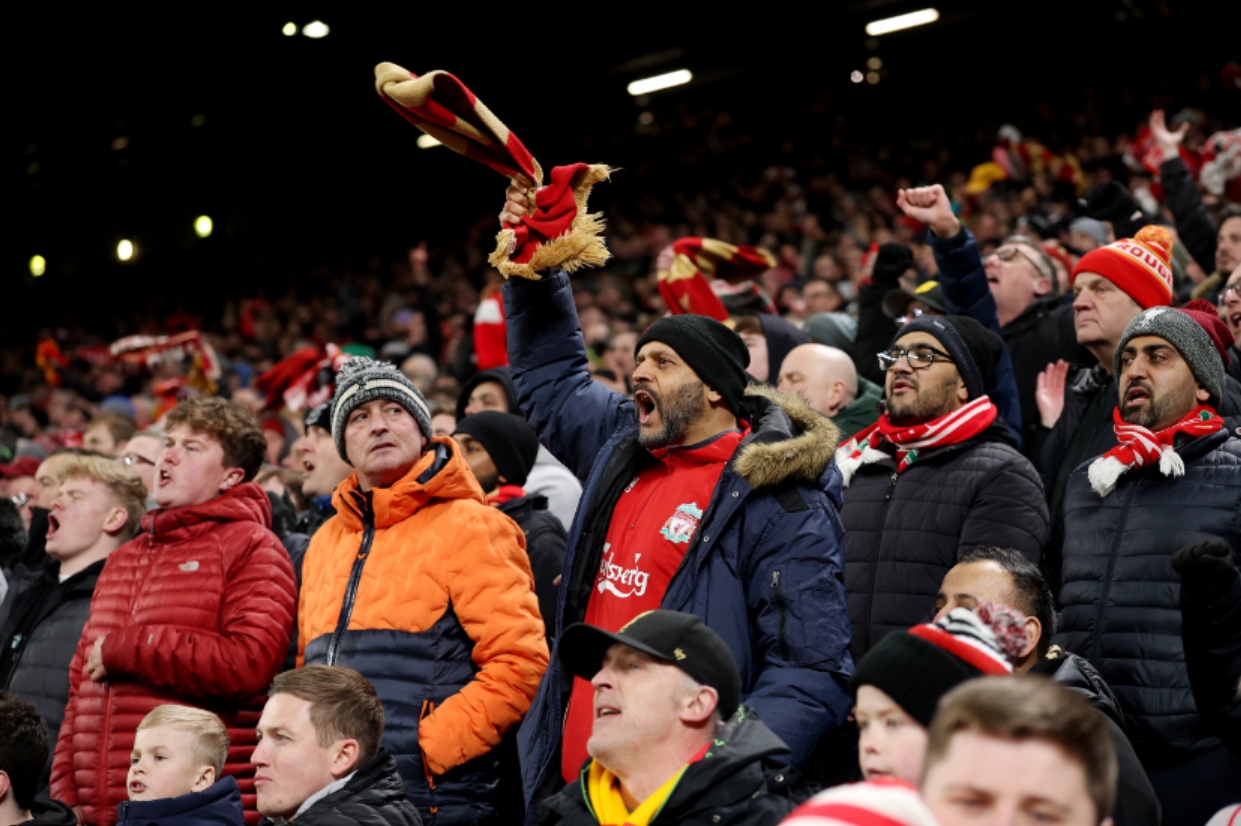 Liverpool fans celebrate reaching the Carabao Cup final