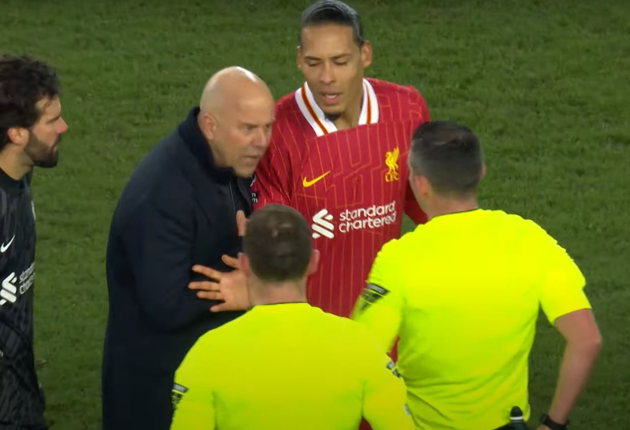 Arne Slot was shown a red card by Michael Oliver after the Merseyside derby
