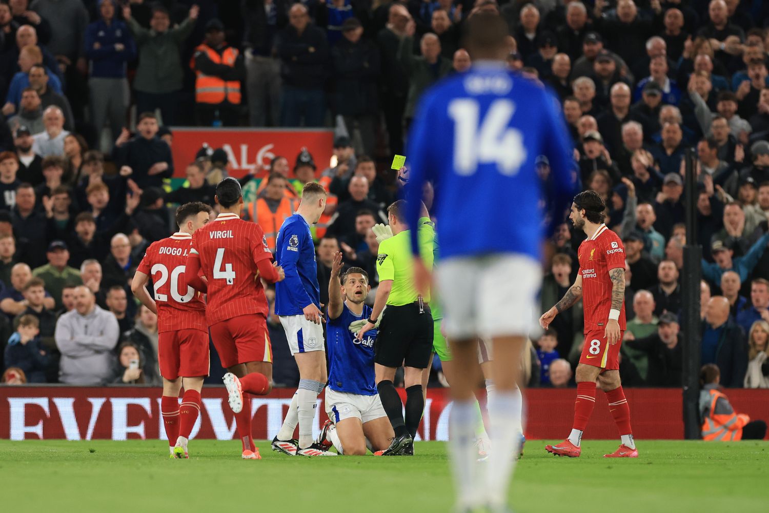 James Tarkowski after fouling Alexis Mac Allister