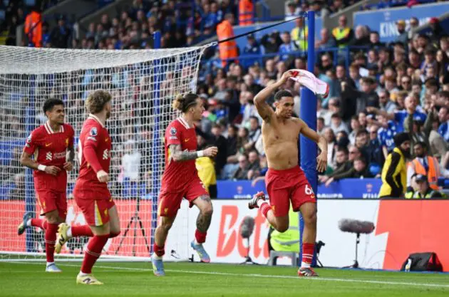 Trent Alexander-Arnold celebrates scoring against Leicester