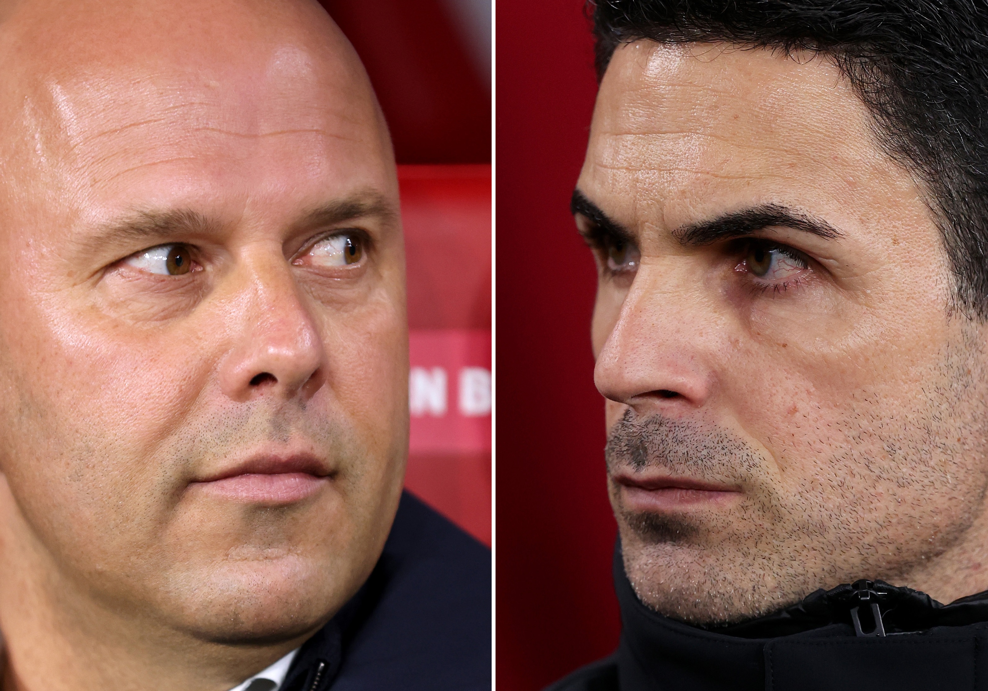 Arne Slot and Mikel Arteta look at each other.