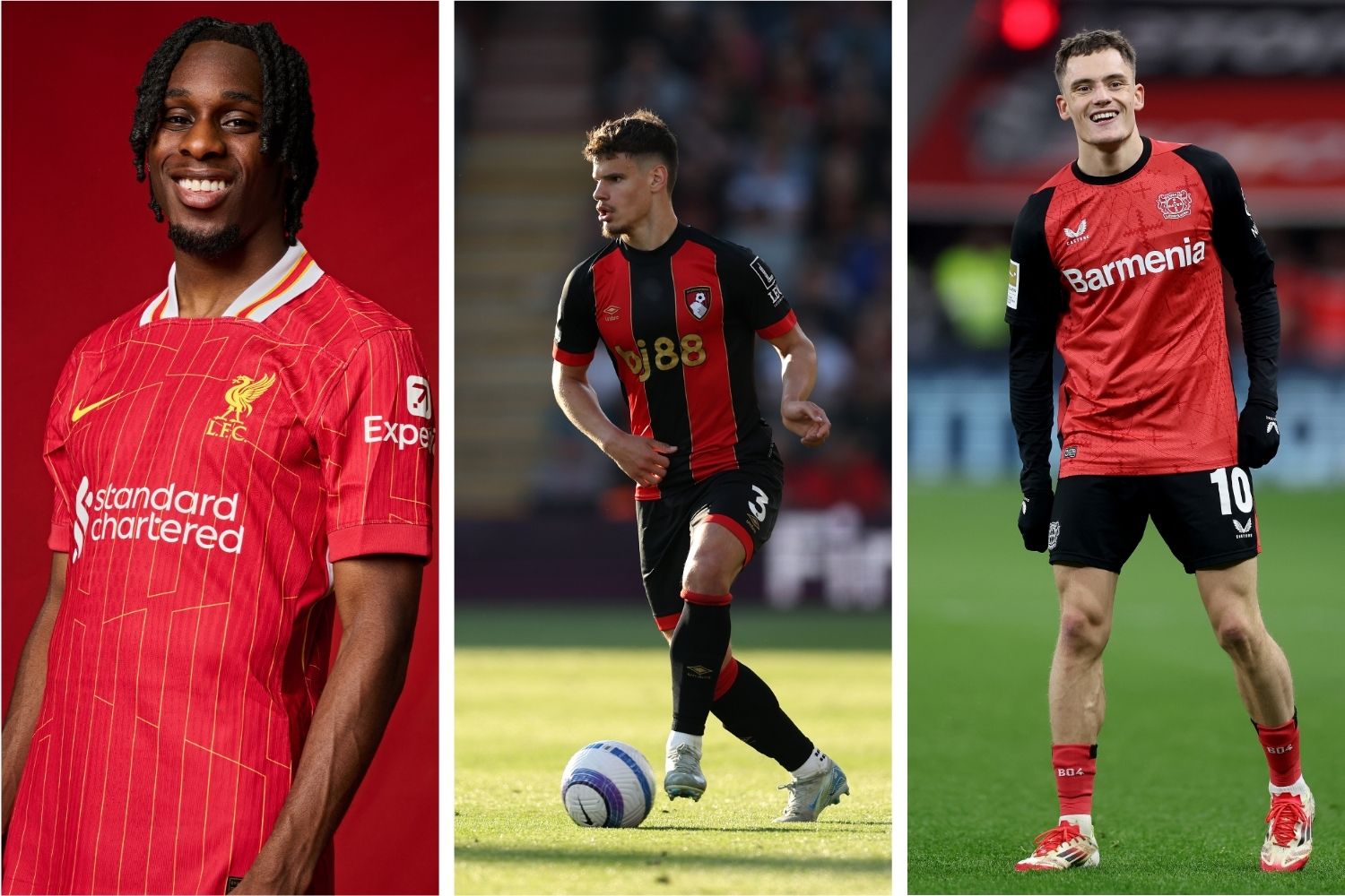 Jeremie Frimpong, Milos Kerkez and Florian Wirtz