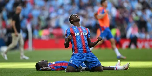 Marc Guehi celebrates winning the FA Cup