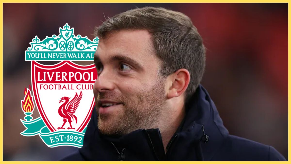 Fabrizio Romano smiles next to Liverpool club crest.