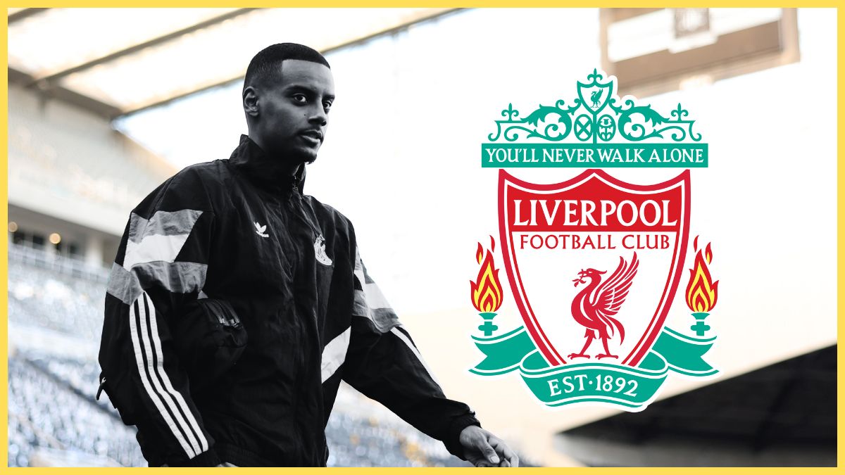 Alexander Isak pictured in black and white next to Liverpool club crest.