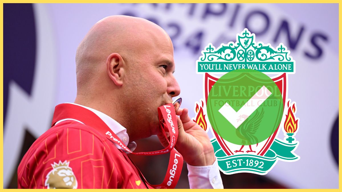 Arne Slot kisses a Premier League winners medal next to Liverpool club crest.