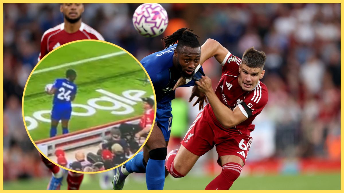 Antoine Semenyo interacts with Liverpool fan next to picture of him competing with Milos Kerkez.