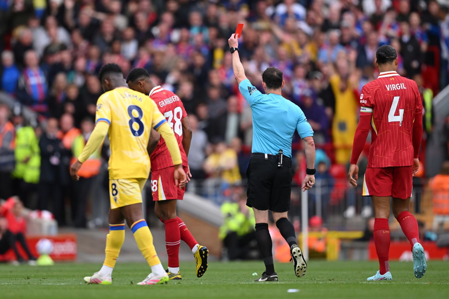 Darren England sends Ryan Gravenberch off at Anfield