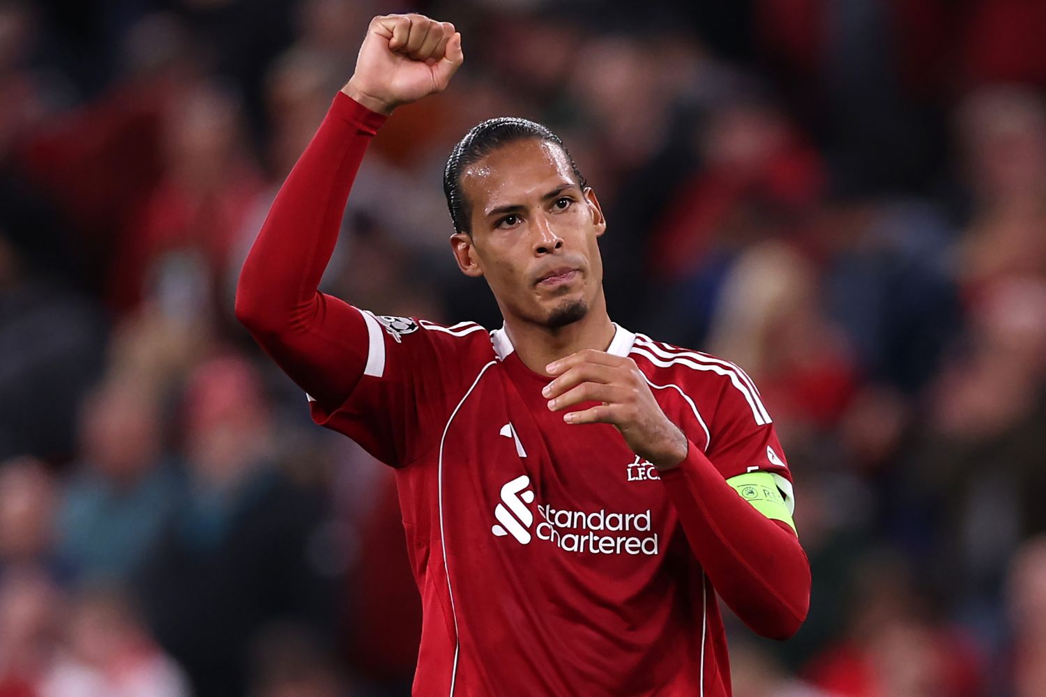 Virgil van Dijk celebrates against Atletico Madrid