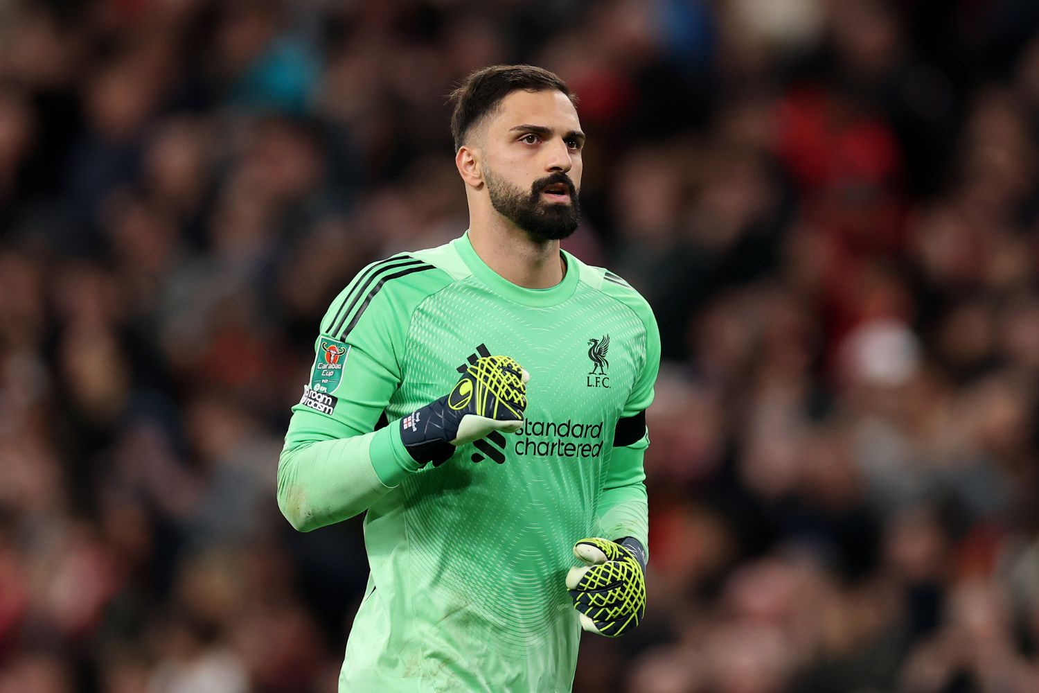 Giorgi Mamardashvili in goal for Liverpool
