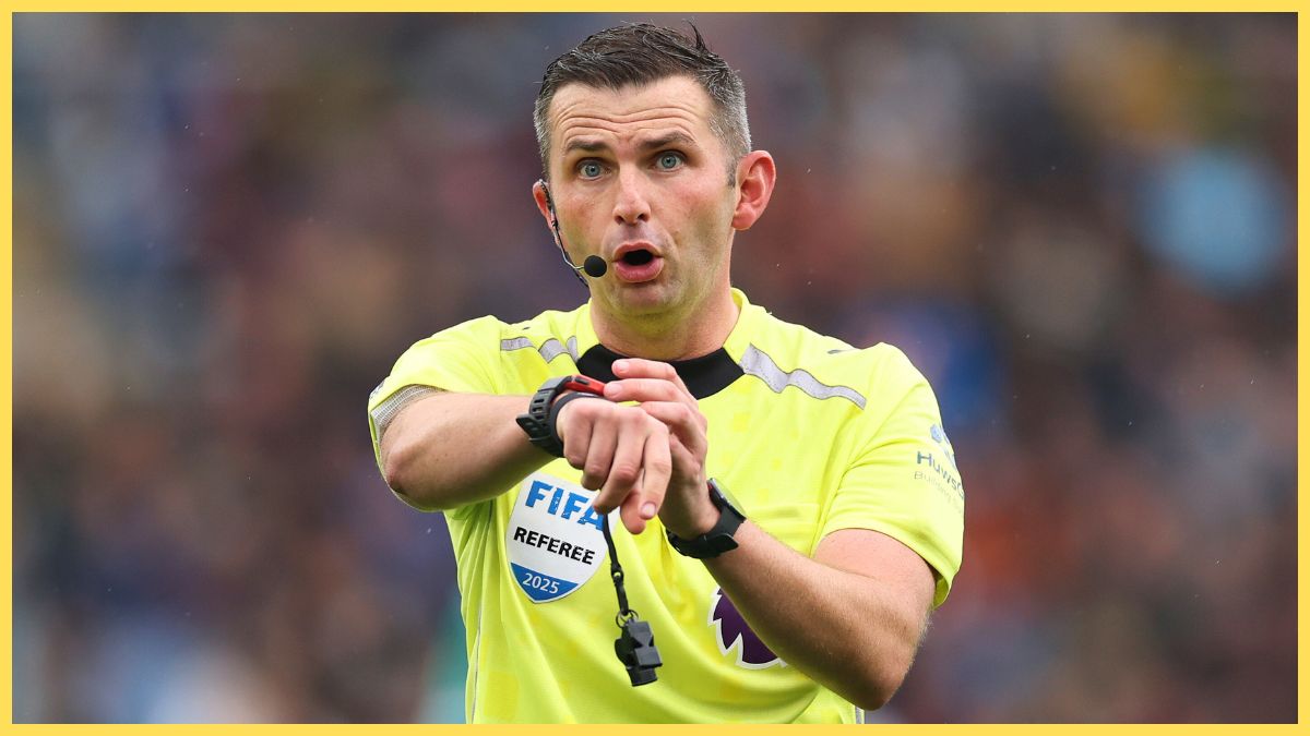 Referee Michael Oliver makes a decision during the Premier League match between Burnley and Liverpool at Turf Moor