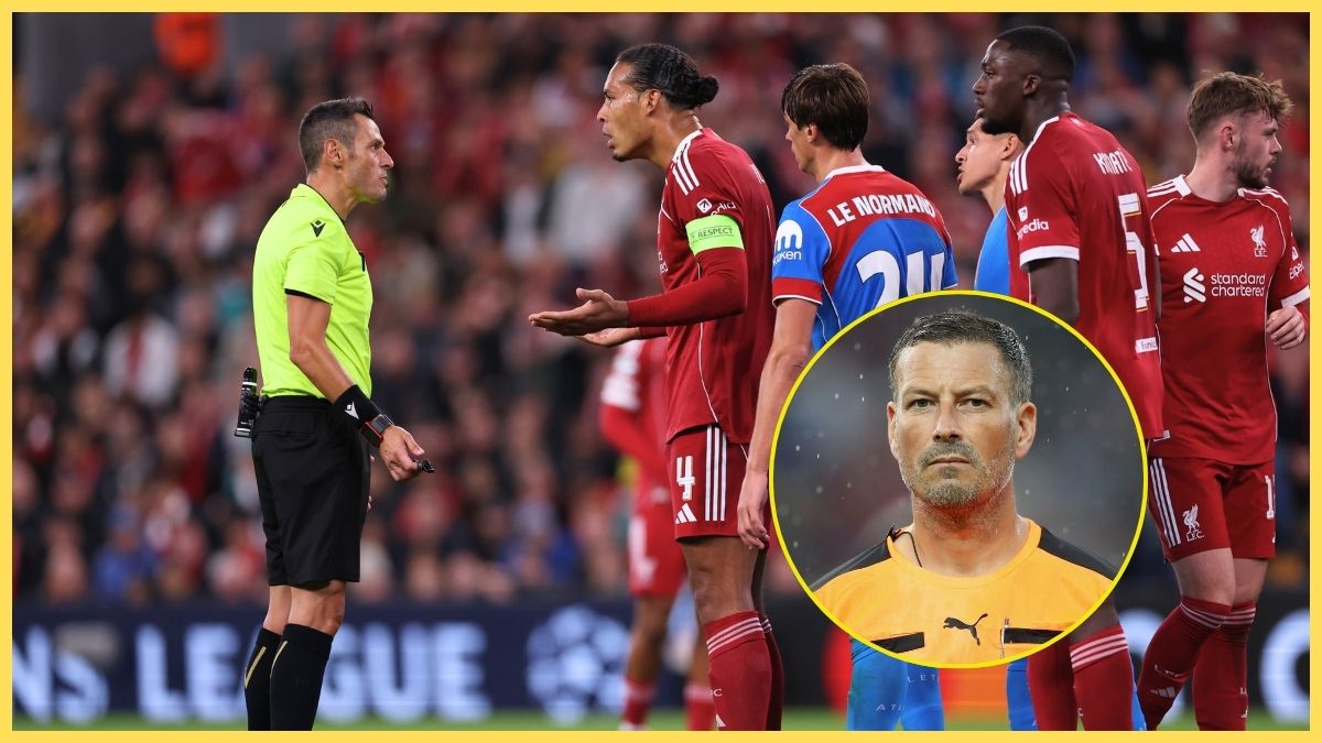 Virgil van Dijk of Liverpool talks to referee Maurizio Mariani