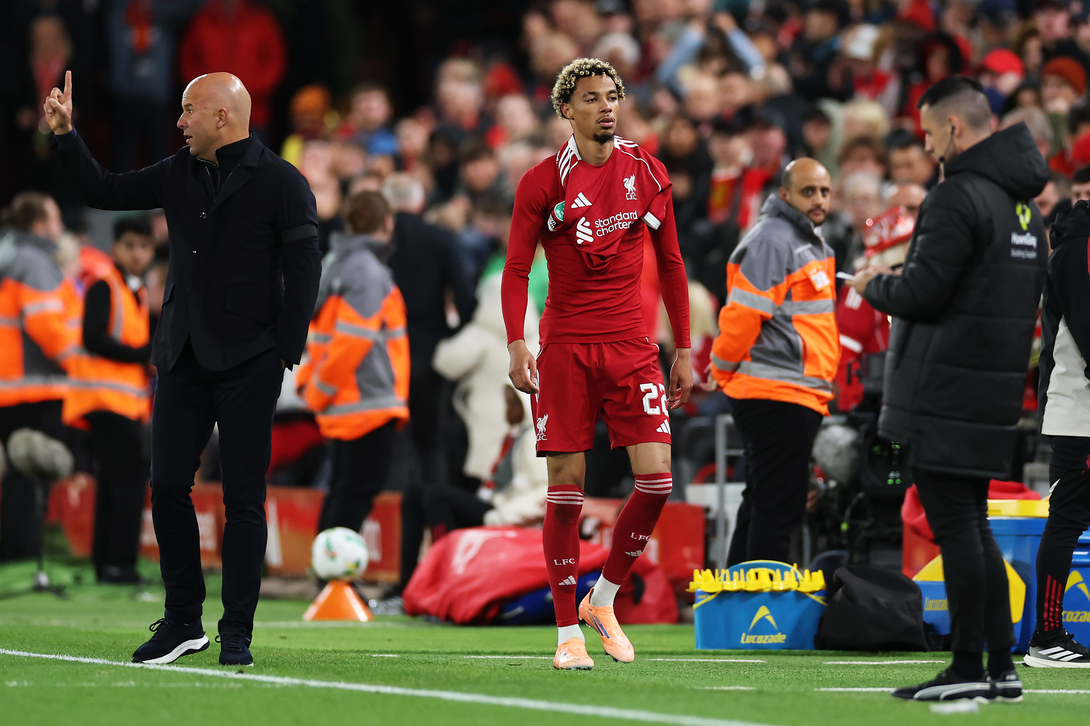 Hugo Ekitike leaves the pitch after being sent off for two bookable offences against Southampton