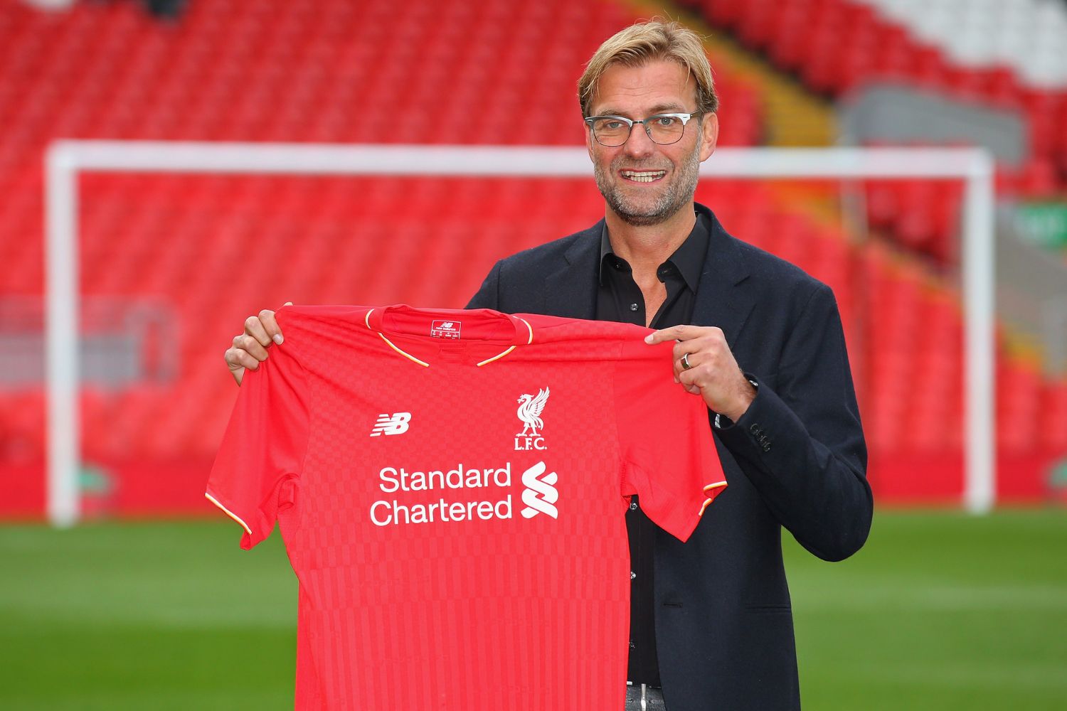 Jurgen Klopp at Anfield is unveiled as the new manager of Liverpool in 2015.