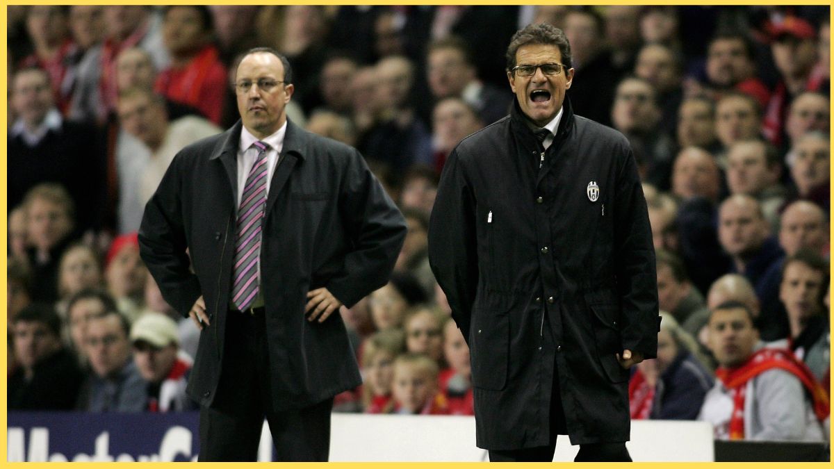 Rafa Benitez of Liverpool alongside Fabio Capello of Juventus
