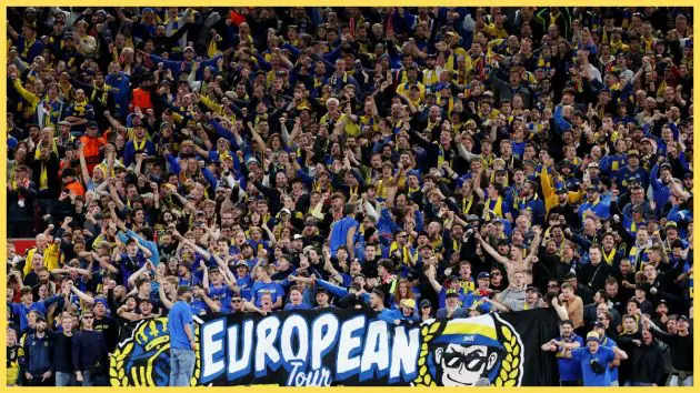 Union Saint-Gilloise fans show their support during the UEFA Europa League match between Liverpool FC and R. Union Saint-Gilloise at Anfield