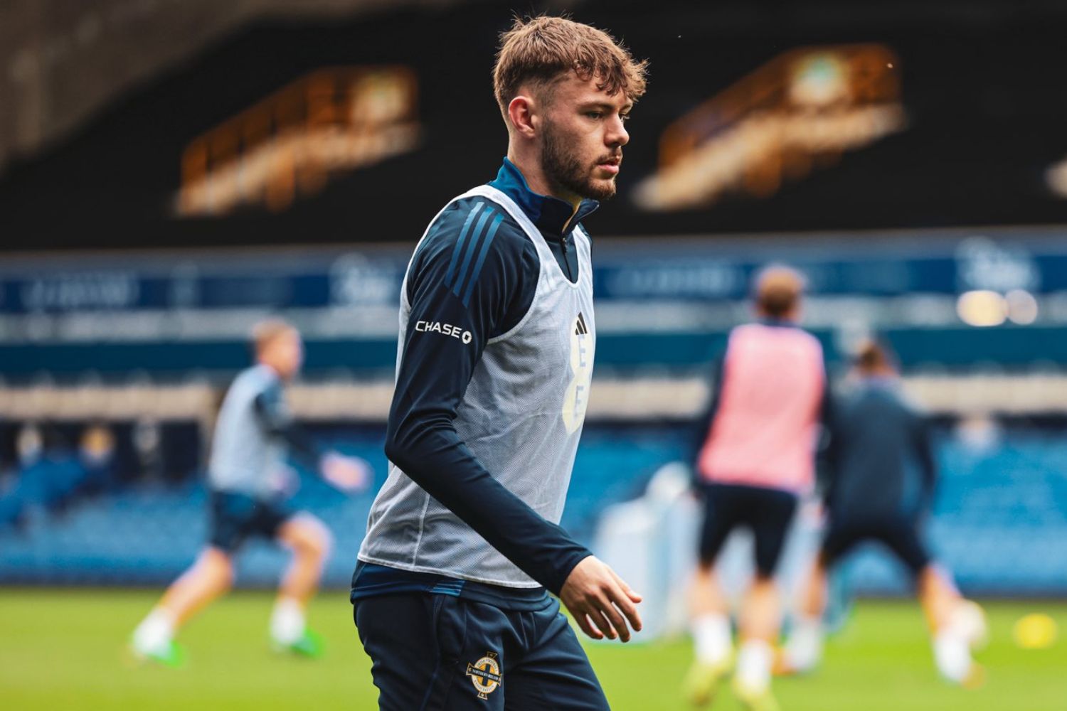 Conor Bradley trains with Northern Ireland at Goodison Park