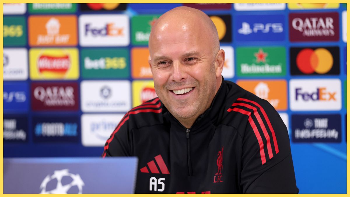 Arne Slot speaks in a Champions League press conference