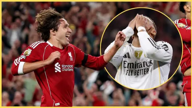 Federico Chiesa celebrates next to a picture of a distraught Kylian Mbappe.