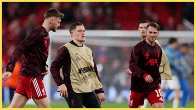 Florian Wirtz, Conor Bradley, Alexis Mac Allister and Andy Robertson warm up.