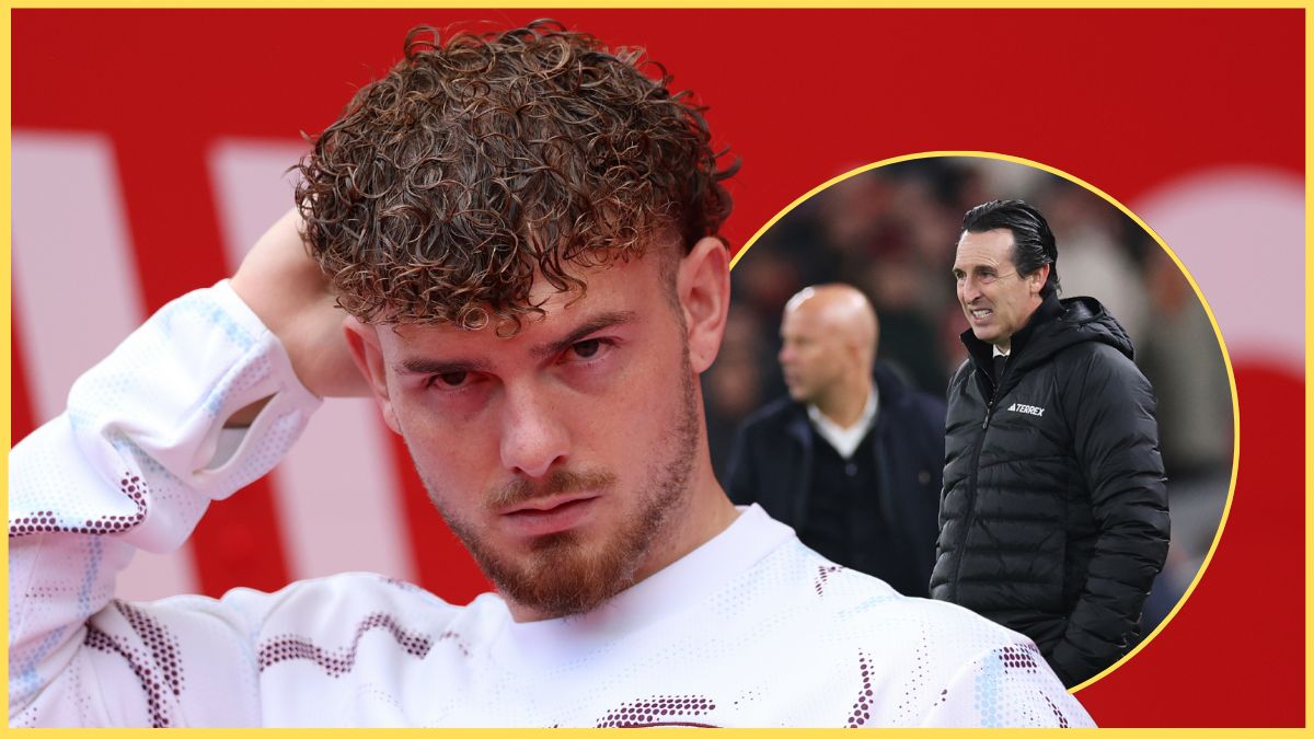 Harvey Elliott scratches the back of his head next to a picture of Unai Emery grimacing.