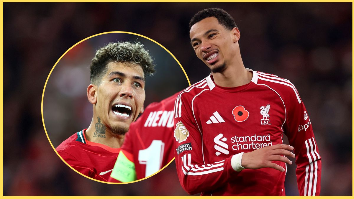 Hugo Ekitike grimaces next to a picture of Bobby Firmino.