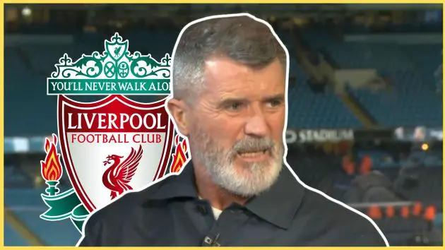 Roy Keane looks annoyed in front of Liverpool club crest.