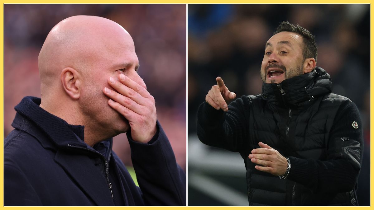 Arne Slot clutches his face as Roberto De Zerbi points on the pitch.