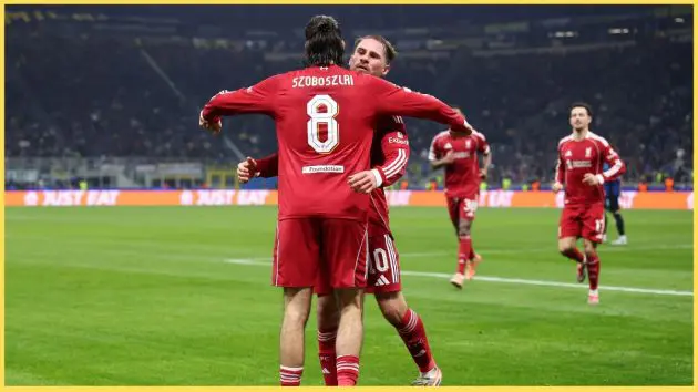 Dominik Szoboszlai and Alexis Mac Allister celebrate for Liverpool