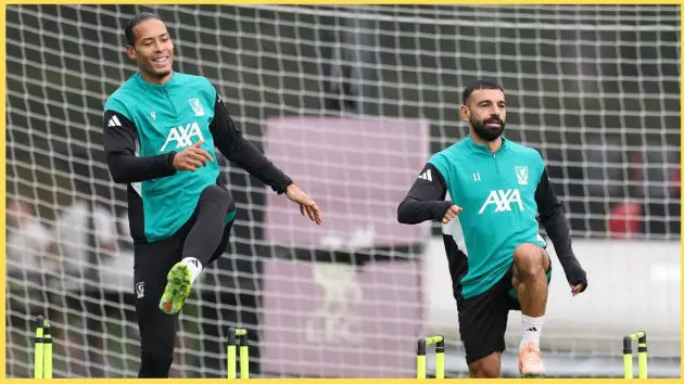 Virgil van Dijk and Mo Salah in Liverpool training