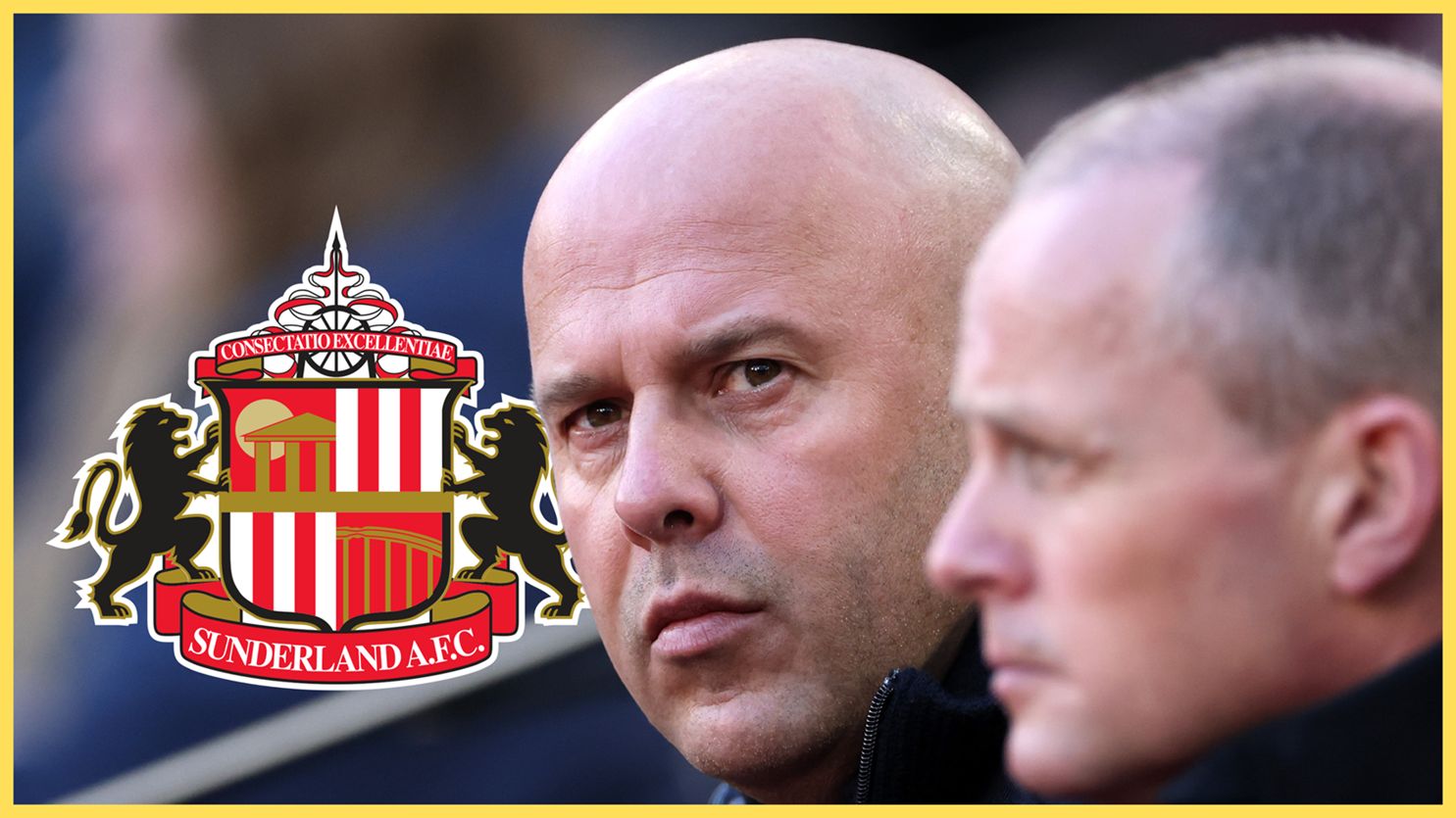 Arne Slot looks on from Liverpool bench next to Sunderland badge.