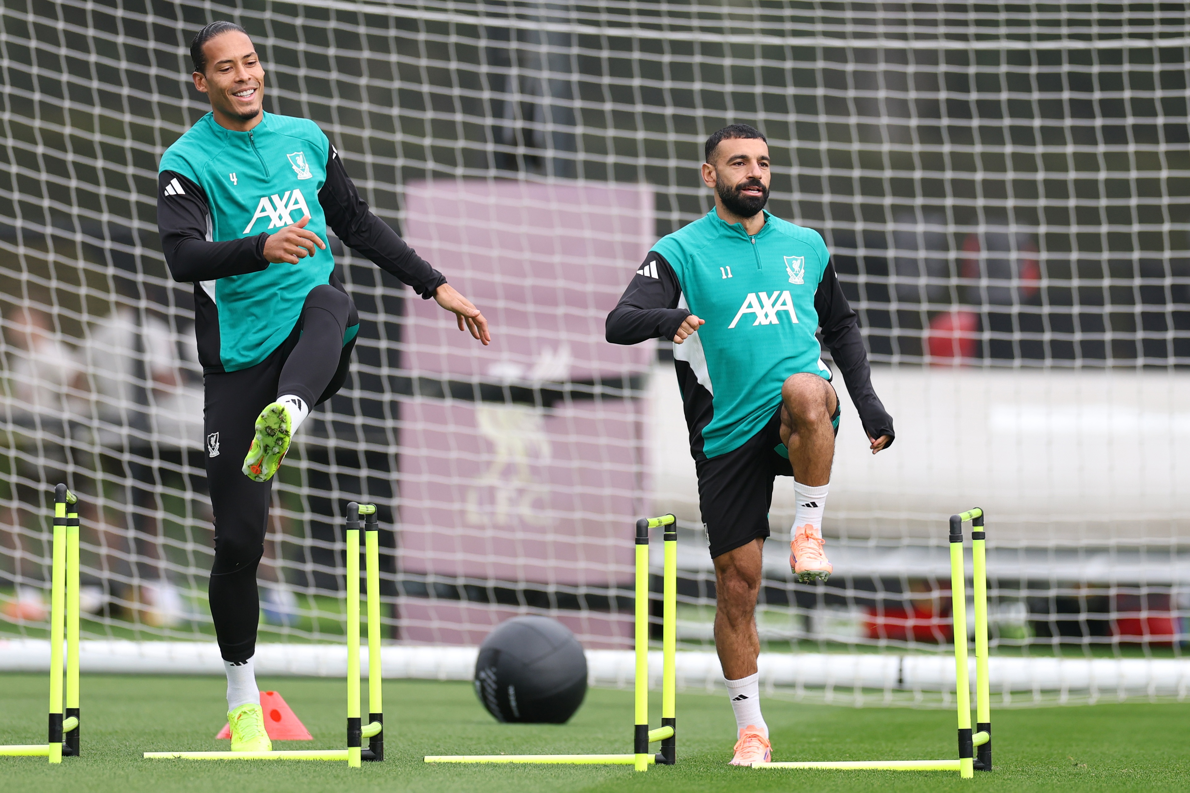 Virgil van Dijk and Mo Salah in Liverpool training.