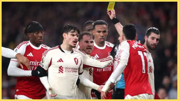 Gabriel Martinelli confronted by Liverpool players